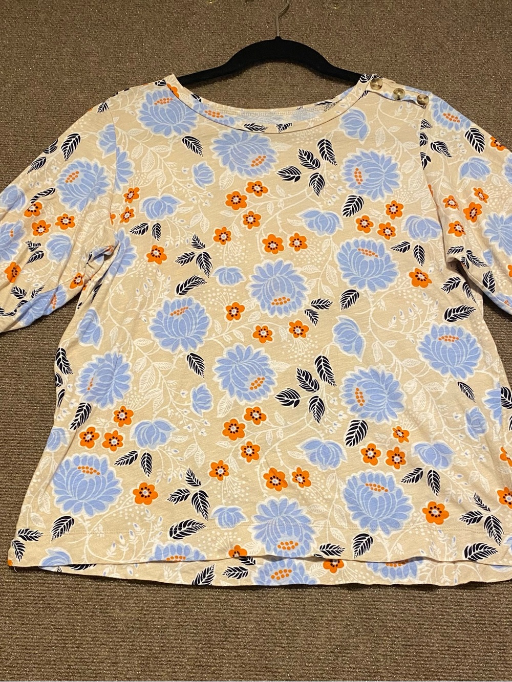 LOFT Beige Long Sleeve Floral Top with Blue and Orange Blooms